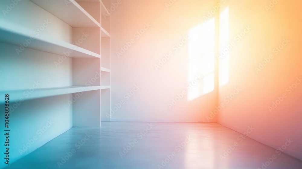 Poster an empty white shelf stands quietly in a minimalistic room, illuminated by soft light streaming thro