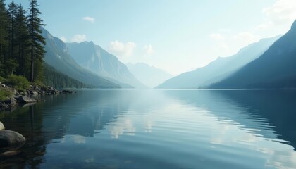  Tranquil mountain lake under a clear sky