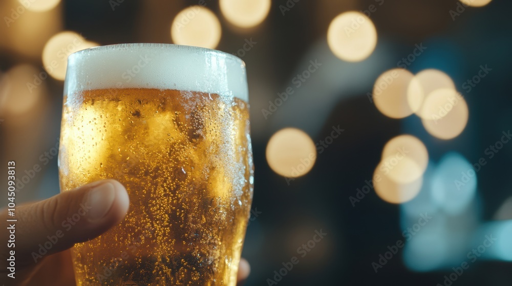 Poster a person enjoys a cold beer in a vibrant bar setting, illuminated by soft bokeh lights, creating a w