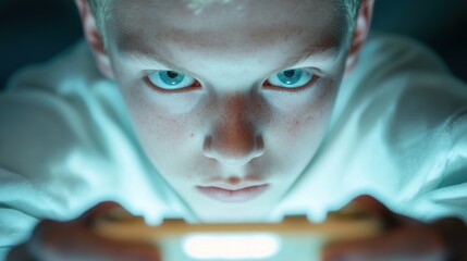 A young boy gazes intensely at a glowing handheld device, symbolizing concentration, gaming, and digital immersion in modern technology.