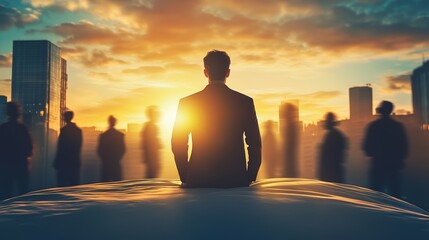 Silhouetted male figure in suit sitting on a bed with a sunset skyline behind.