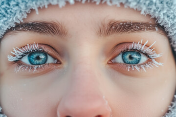 Frost-covered eyelashes and bright blue eyes, framed by frost on eyebrows and rosy cheeks