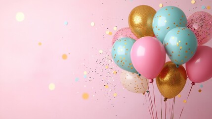 A delightful arrangement of cheerful birthday balloons floats against a bright pink backdrop, setting a festive mood for celebrations