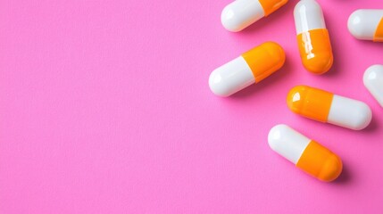 Colorful orange and white capsule pills are arranged haphazardly on a vivid pink background, suggesting a focus on health or wellness