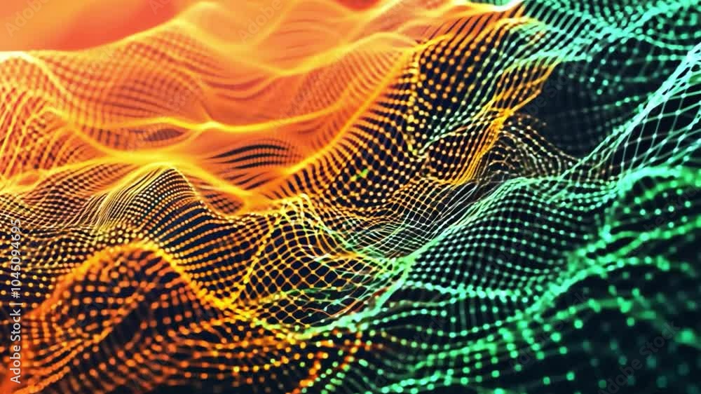 Poster abstract representations of flowing digital waves in vibrant orange and green hues create a mesmeriz