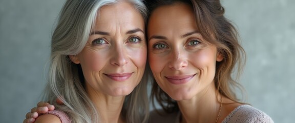 A warm and heartfelt portrait of a mother and daughter smiling, showing love and connection between generations.