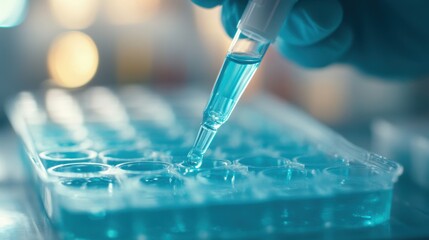 A scientist is meticulously transferring a blue liquid into the wells of a cell culture plate in a laboratory environment