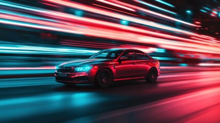 A modern car speeding through a neon-lit city street at night, with vibrant light streaks creating a futuristic, fast-paced scene.