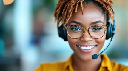 A cheerful customer service representative engages with clients on a headset while seated in a modern, well-lit office