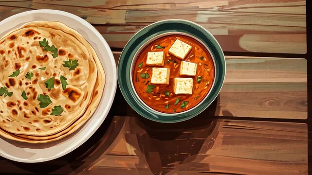 A plate of paratha and a bowl of paneer butter masala sit on a wooden table