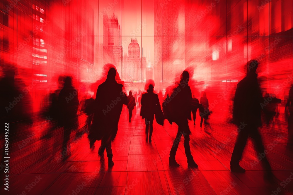Poster silhouetted figures in a red urban setting create a dynamic, bustling atmosphere.