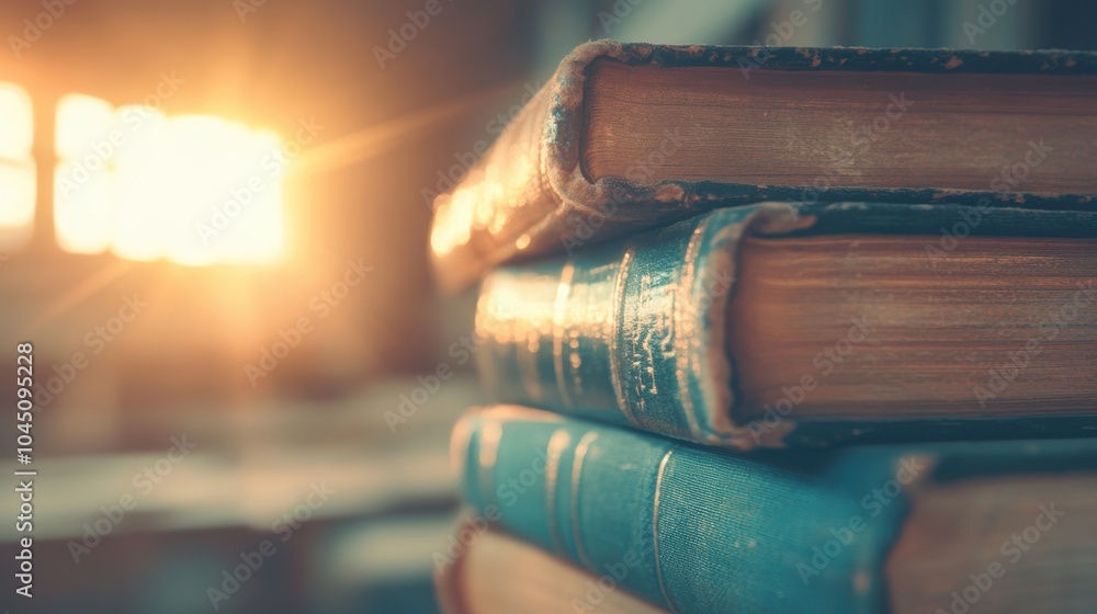 Poster warm sunlight streams through a window, casting a gentle glow on a stack of books resting in a tranq
