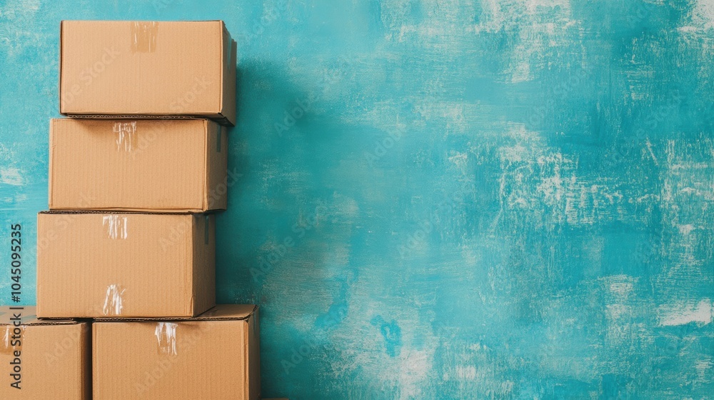 Poster a stack of empty cardboard boxes rests against a bright blue wall, creating a minimalistic and organ