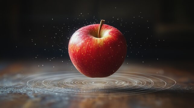 Enchanted red apple floating with magical light effects on wooden surface