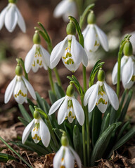 White fresh snowdrops first flowers delicate background. Celebrating of spring. Floral template.	