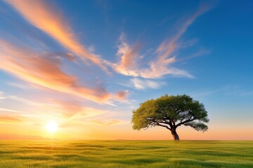 Fototapeta premium Tranquil sunset landscape with lone tree and vibrant sky for nature inspiration