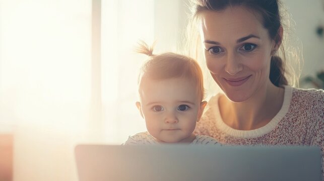 A mother smiles while her baby observes her work on a laptop in a cozy home setting, focusing on their connection
