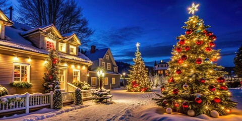 Fototapeta premium A festive winter evening in a snow-covered village with decorated Christmas trees and charming cottages