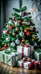 Holiday gifts beautifully arranged under a decorated Christmas tree with ornaments and warm lights
