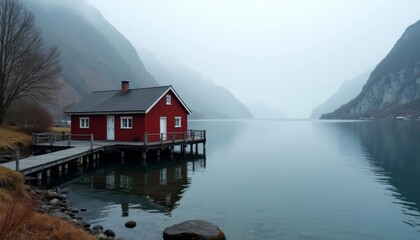 Fototapeta premium Tranquil lakeside cabin in the mountains