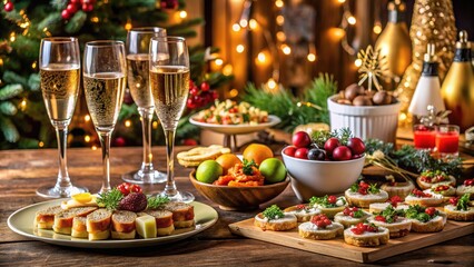 Elegant New Year\'s Eve party spread featuring appetizers, champagne, and festive decorations at a cozy gathering