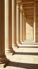 Majestic Corinthian columns cast long shadows across a sunlit marble portico, evoking the timeless grandeur of classical architecture in this serene perspective.