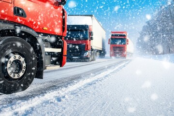 A convoy of trucks battling a snowstorm on a frozen highway, snow swirling around their tires as they press forward. Wide angle, high contrast, harsh and relentless winter road. 