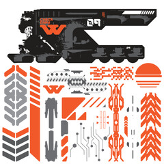 robot cyberpunk y2k 2000s gaming futuristic icon pattern  set collection template hud for branding fashion t-shirt decoration decals, 2d illustration rendering vector 