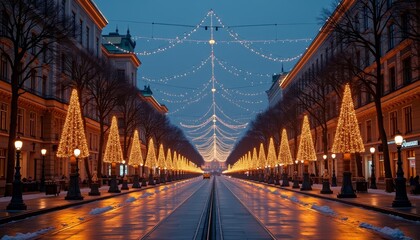 Naklejka premium Illuminated Christmas trees line a festive city street