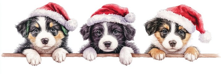 Obraz premium Adorable cute dogs in red hats, isolated on white background. Perfect for festive holiday themes