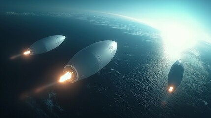 Obraz premium Rocket boosters launching into space above Earth, vibrant colors and dynamic energy.