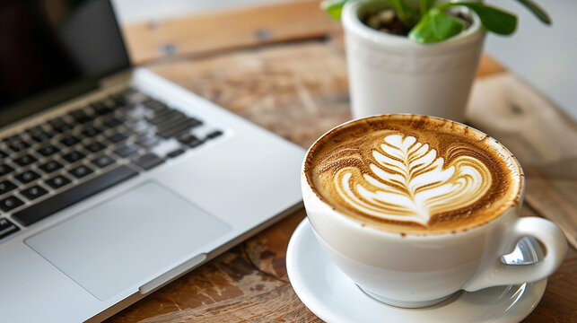 High angle desk arrangement with laptop and cup of latte art coffee