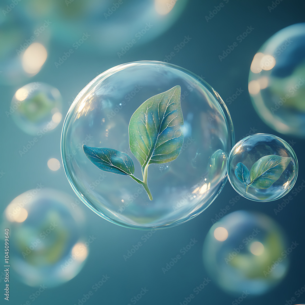 Poster a visually striking image of floating cells with green leaves inside, creating serene and tranquil a