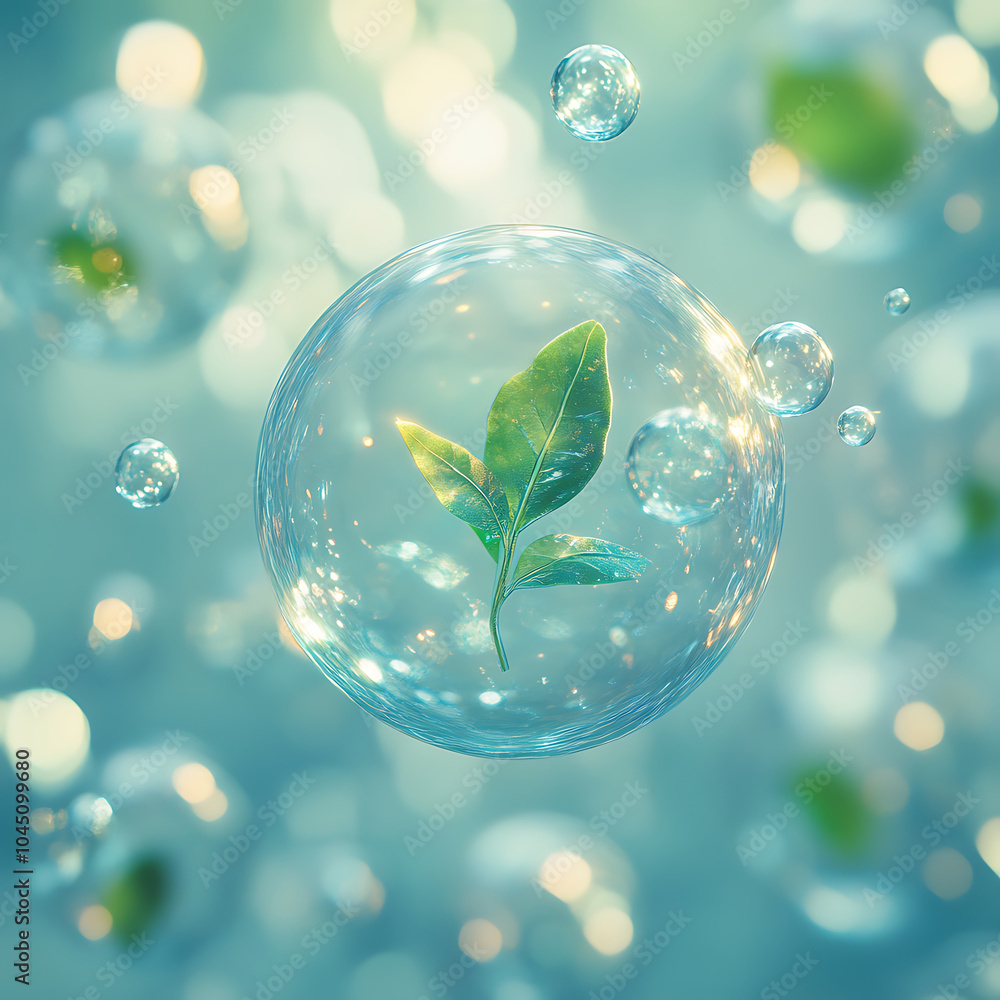 Poster a visually striking image of floating cells featuring green leaf inside bubble, creating serene and 