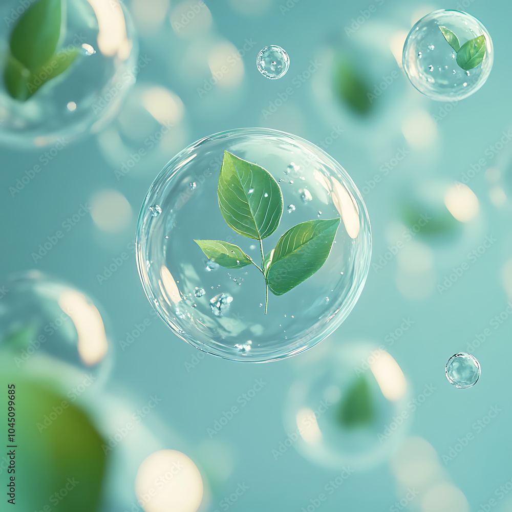 Poster a visually striking image of floating cells with green leaves inside, creating serene and refreshing