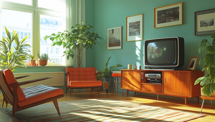 Retro Family Room Vibrant Design high detail 