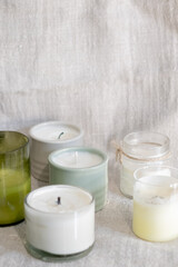 Natural soy wax candles in unique glass and ceramic jars