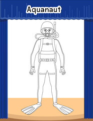 Illustration of a diver, aquanaut. Vector. The explorer of the ocean depths surrounded by marine inhabitants. Outline cartoon, black and white style. Fishes meet scientist discoverer.