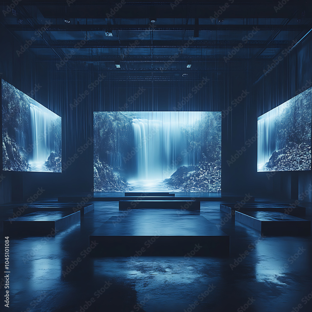 Poster a large, dark, empty room features hyper realistic screens displaying serene waterfalls, creating tr