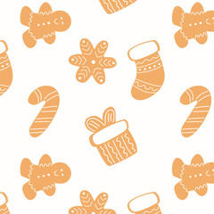 Christmas gingerbread cookies pattern. Hand drawing christmas seamless pattern.