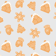 Christmas gingerbread cookies pattern. Hand drawing christmas seamless pattern.