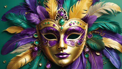 Happy Mardi Gras poster with venetian masquerade mask on green background, copy space on the right – sequin mask for carnivals and costume party outfit – paper mache face covering, ai generative © Jyotishman