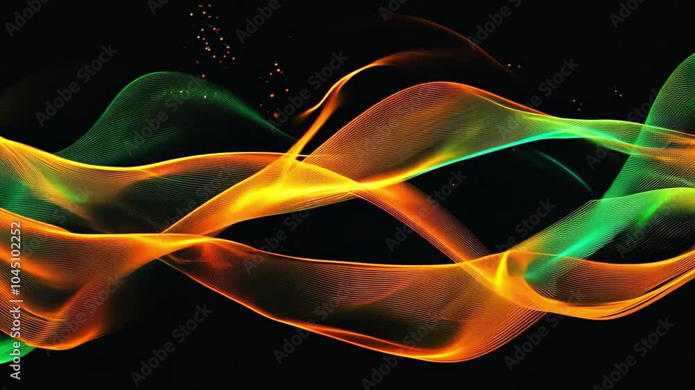 Poster colorful flowing waves in orange, green, and black creating a dynamic visual effect in an abstract d