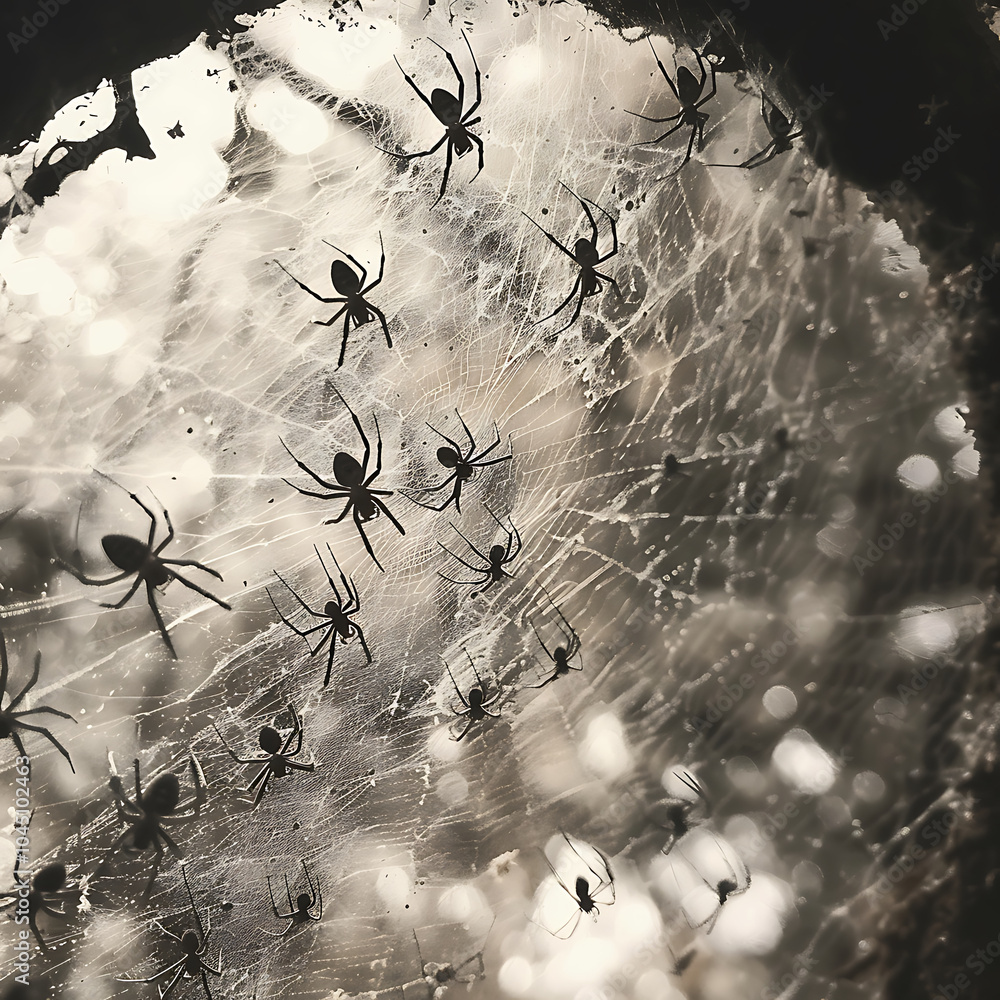 Poster a realistic circle spider web filled with numerous spiders creates an intriguing and slightly eerie 