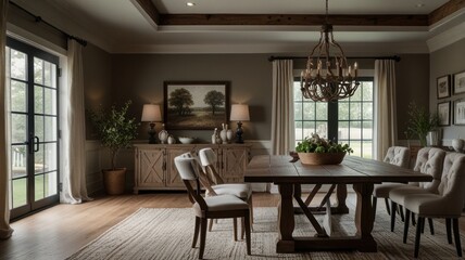 Fototapeta premium A rustic dining room with a large wooden table and chairs, a chandelier, and a large window.