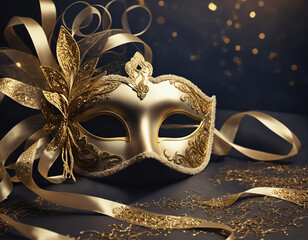 Golden mardi gras masquerade mask with elegant ribbons on a sparkling glitter backdrop – perfect for holiday invitations, announcements, and flyers in a festive photography style