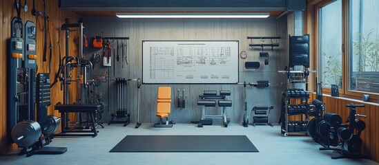 A home gym with workout equipment, a whiteboard, and a window.