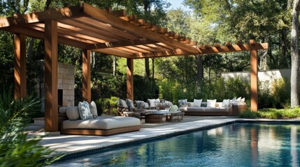 Poolside lounge under a contemporary wooden pergola with plush seating, ideal for summer gatherings.