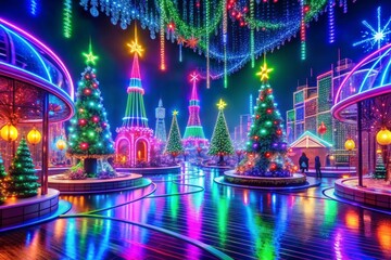 Obraz premium A brightly lit room with a Christmas tree and a table with a lit candle