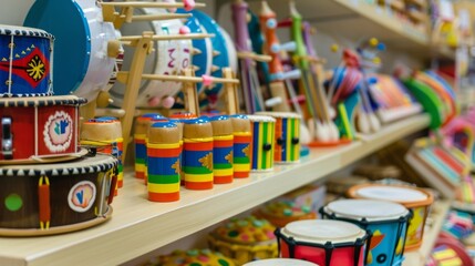 Fototapeta premium A section dedicated to musical instruments with a variety of drums xylophones and other instruments for children to play and create music.